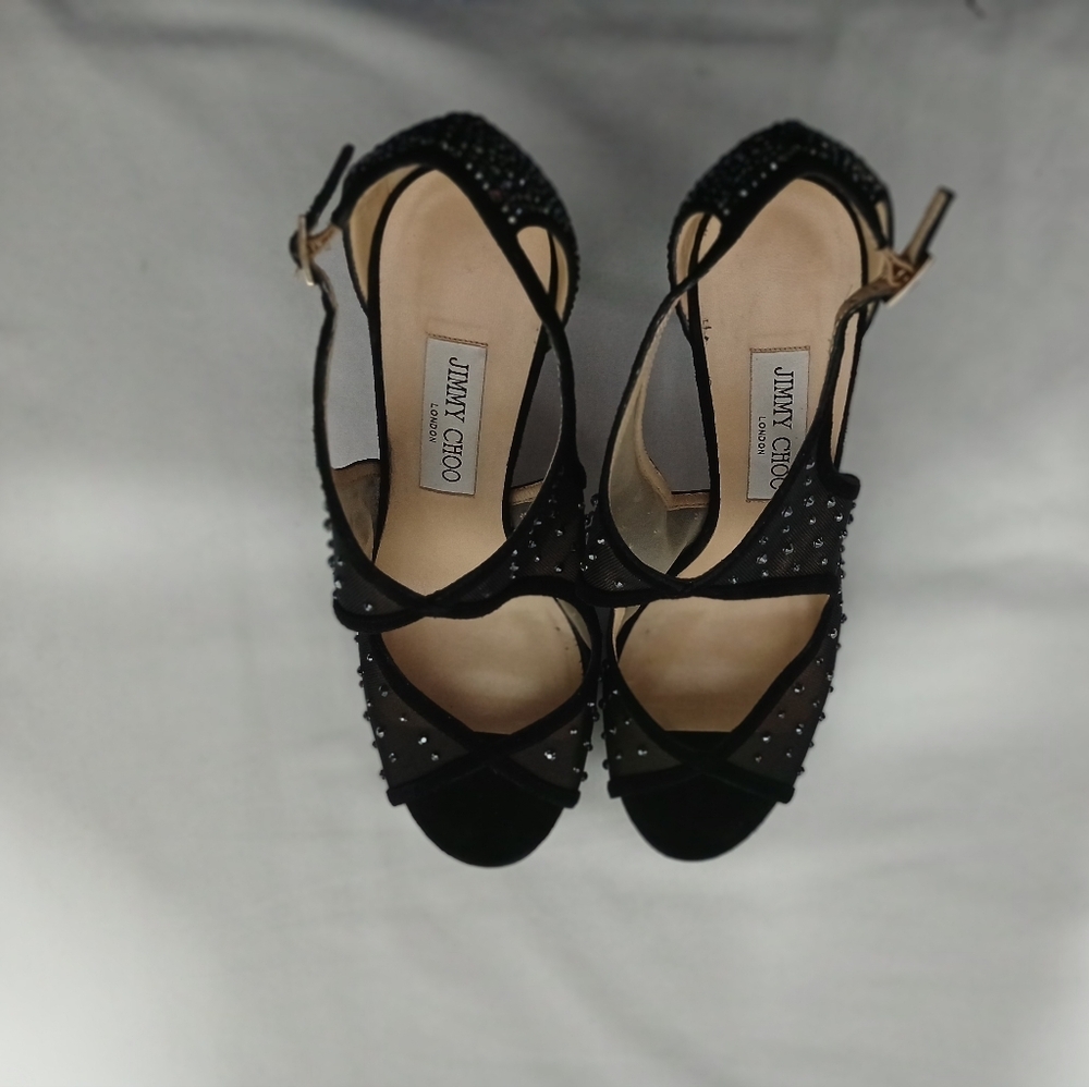 Jimmy Choo" Leondra" Black Suede& Semi- Sheer Mesh With Swarovski Crystals. 8.5 - Picture 8 of 16